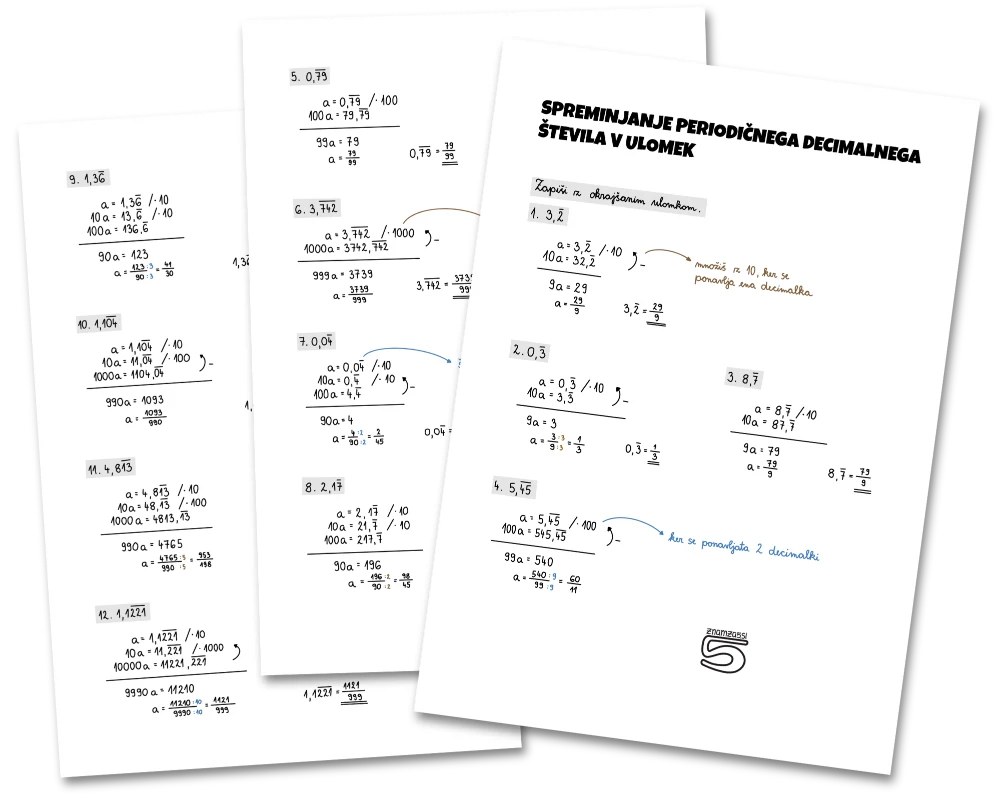 učni listi za spreminjanje periodičnega decimalnega števila v ulomek