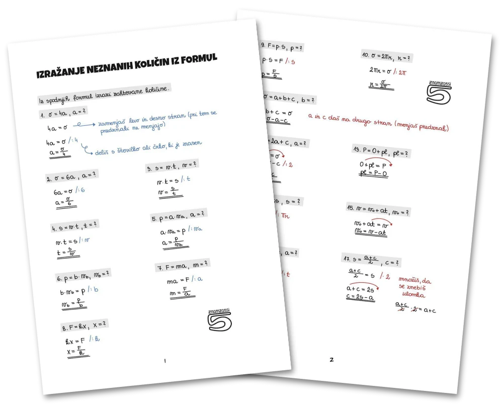Učni listi za izražanje neznanih količin iz formul